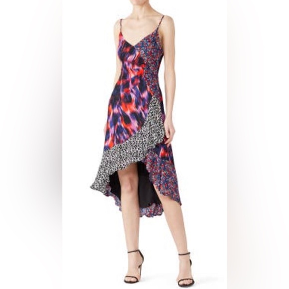 Parker Patchwork Midi Dress Floral Animal Print Silk Blend Ruffles - Picture 3 of 3